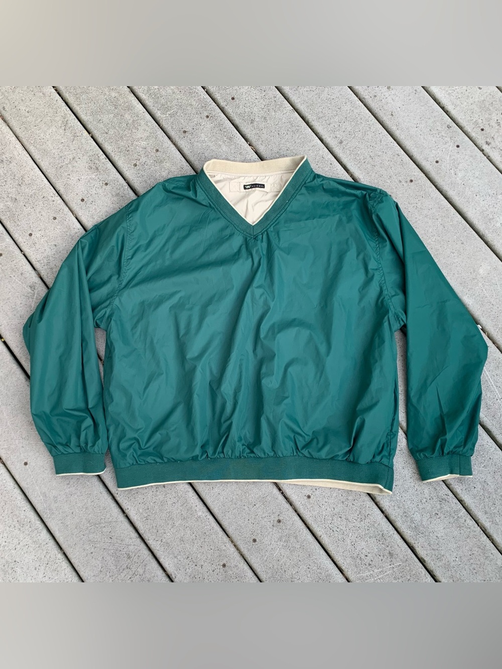 Vintage V-Neck Pullover Windbreaker | Reversible Green Lightweight Golf Jacket